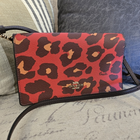 Coach Anna Foldover Crossbody Clutch in the Bright Poppy Red Leopard Print - Picture 4 of 16